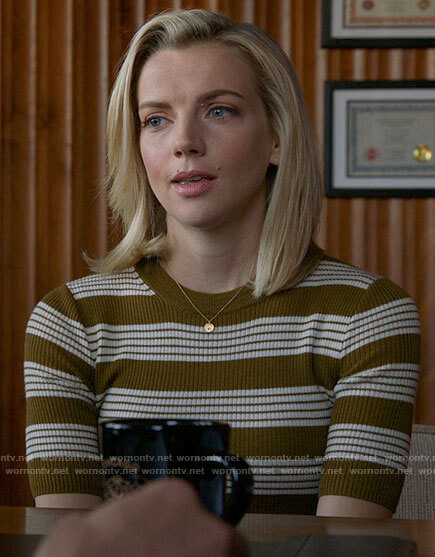 Sylvie’s olive green striped top on Chicago Fire