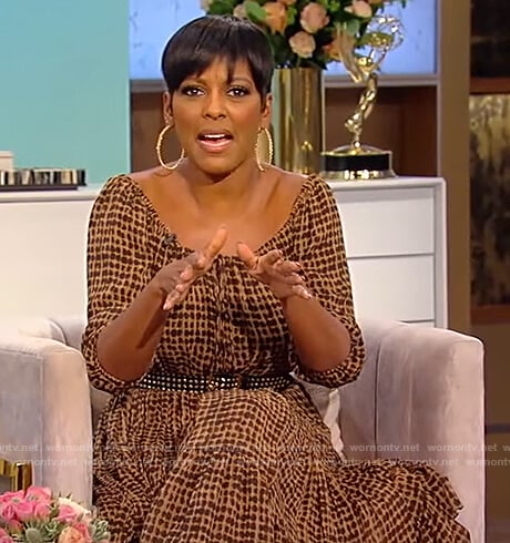 Tamron’s brown printed dress on Tamron Hall Show
