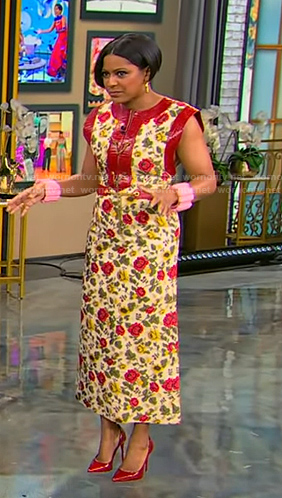 Tamron’s floral chain detail dress on Tamron Hall Show