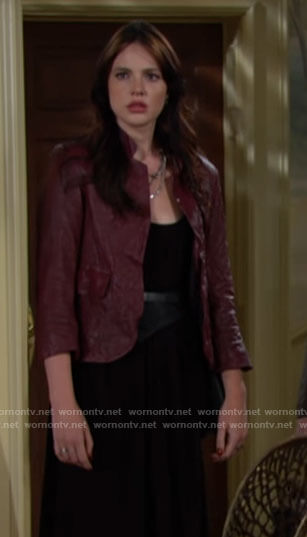 Tessa’s burgundy leather jacket on The Young and the Restless