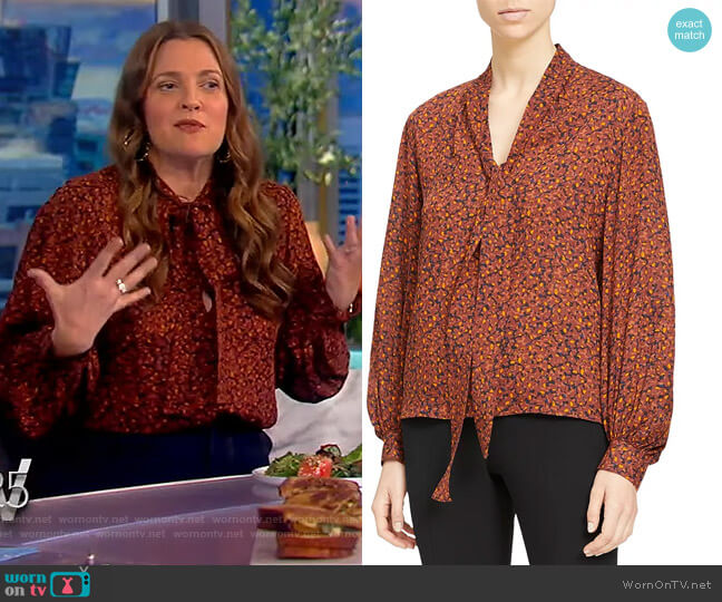 Theory Printed Tie Neck Silk Top