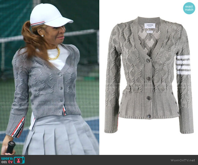 Thom Browne 4-Bar Fan Cable Knit Cardigan worn by Mary Cosby on The Real Housewives of Salt Lake City