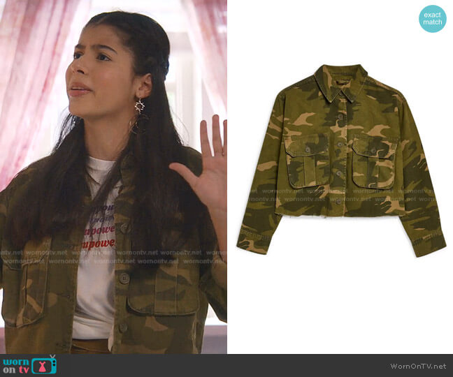 Topshop Frey Camouflage Jacket worn by Dawn Schafer (Kyndra Sanchez) on The Baby-Sitters Club