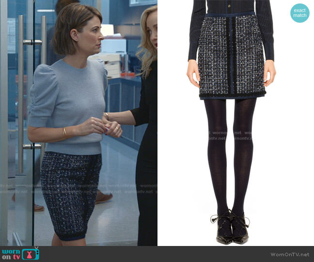 Tory Burch Annabelle Sparkle Fringe Tweed Skirt worn by Taylor Rentzel (MacKenzie Meehan) on Bull