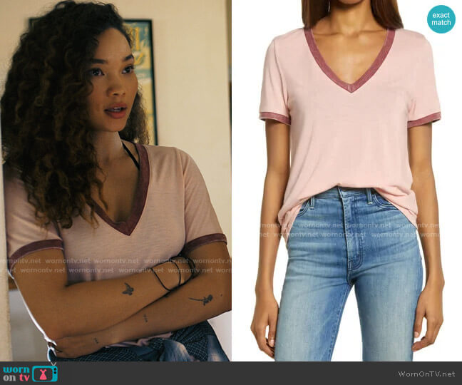 Treasure & Bond Ringer V-Neck T-Shirt in Pink Smoke / Red Combo worn by Riley (Ashley Moore) on I Know What You Did Last Summer