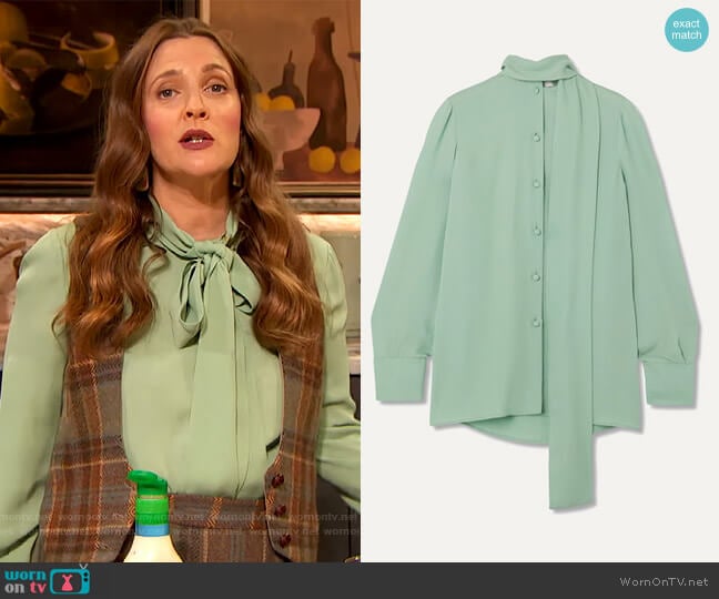 Valentino Pussy-bow tie neck blouse worn by Drew Barrymore on The Drew Barrymore Show