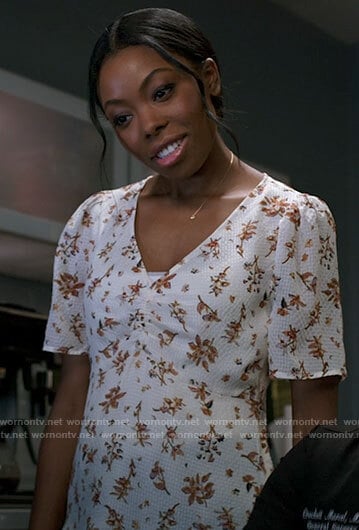 Vanessa’s white floral v-neck top on Chicago Med