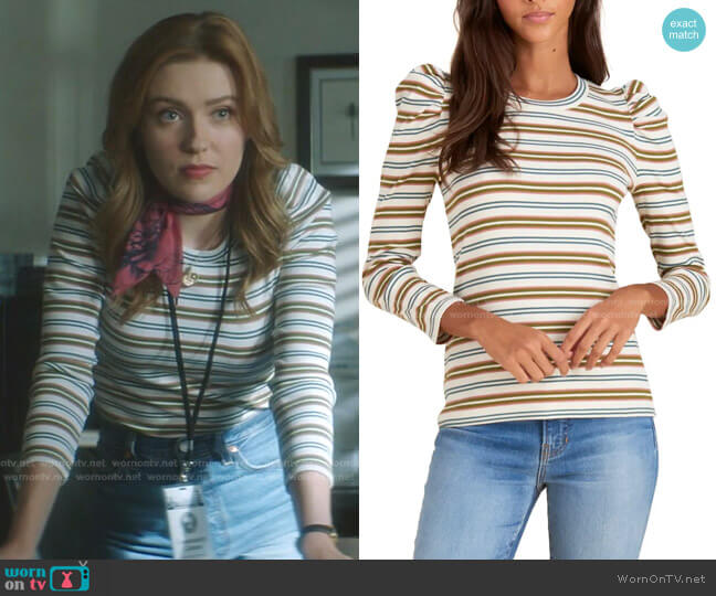Veronica Beard Britney Puff-Sleeve Striped Top worn by Nancy Drew (Kennedy McMann) on Nancy Drew
