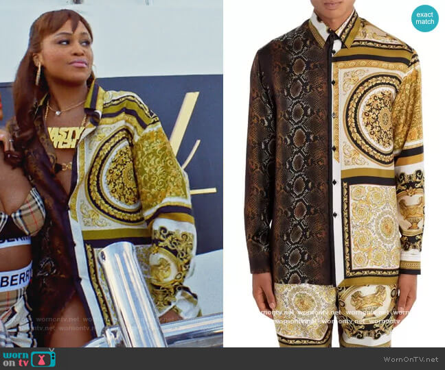 Versace Barocco Patchwork Print Silk Button-Up Shirt worn by Brianna (Eve) on Queens