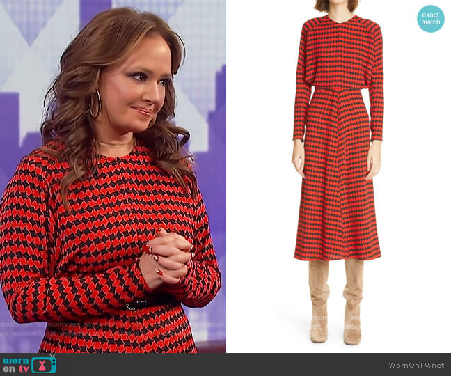 Victoria Beckham Houndstooth Crepe Long Sleeve Midi Dress