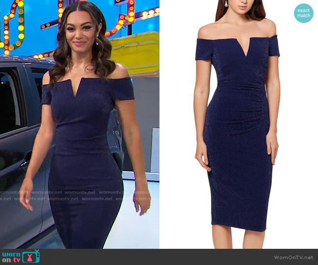 Xscape Glitter-Knit Off-The-Shoulder Bodycon Dress worn by Alexis Gaube on The Price is Right