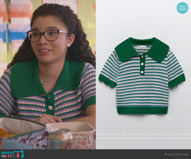 Zara Knit Polo Shirt with Rhinestone Buttons worn by Mary-Anne Spier (Malia Baker) on The Baby-Sitters Club
