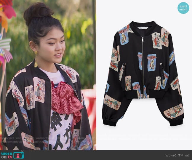 Zara Japanese Card Print Bomber Jacket worn by Claudia Kishi (Momona Tamada) on The Baby-Sitters Club