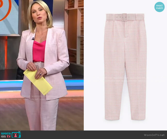 Zara Plaid Pants with Lined Belt worn by Amy Robach on Good Morning America