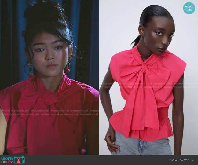 Zara Poplin Top with Bow worn by Claudia Kishi (Momona Tamada) on The Baby-Sitters Club