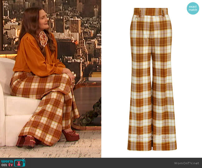 Zimmermann Tempo Check Wide Leg Trousers worn by Drew Barrymore on The Drew Barrymore Show