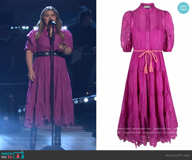 Zimmermann Teddy embroidered ramie midi dress worn by Kelly Clarkson on The Kelly Clarkson Show