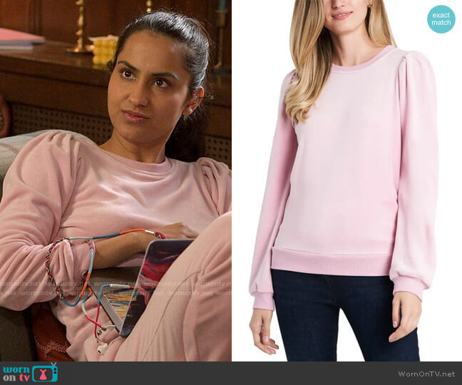 1.State Velour Puff Sleeve Top in Rose Pink worn by Bela Malhotra (Amrit Kaur) on The Sex Lives of College Girls