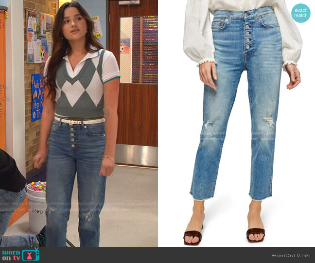 7 For All Mankind Distressed High Waist Exposed Button Fly Crop Jeans worn by Lex (Jules LeBlanc) on Side Hustle