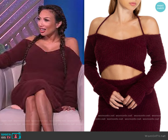 AFRM Lopez Fuzzy Rib Off the Shoulder Crop Top worn by Jeannie Mai on The Real