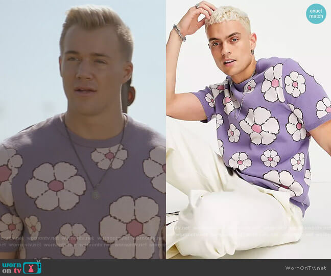 ASOS Knitted T-shirt with Floral Design in purple worn by JJ Parker (Hunter Clowdus) on All American