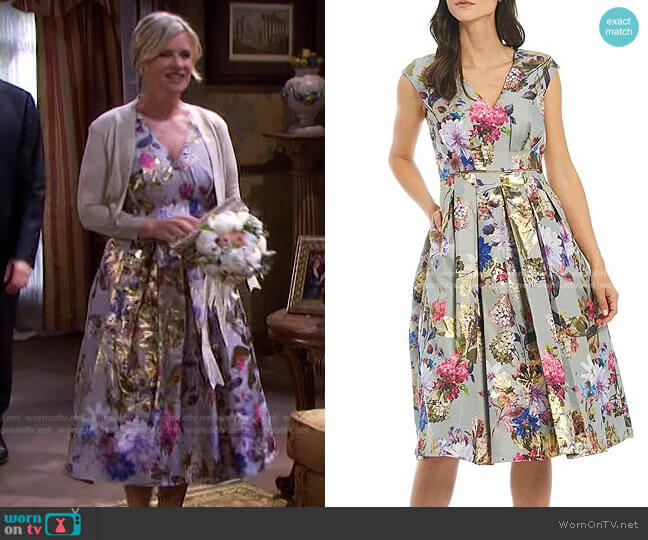 Aidan Mattox V-Neck Cap Sleeve Metallic Floral Brocade Pleated Dress worn by Kayla Brady (Mary Beth Evans) on Days of our Lives