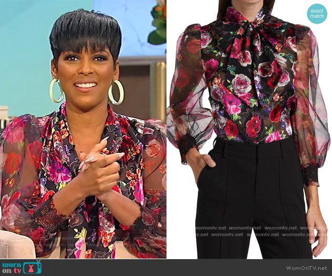 Alice + Olivia Brentley Floral Tie Neck Sheer Blouse worn by Tamron Hall on Tamron Hall Show