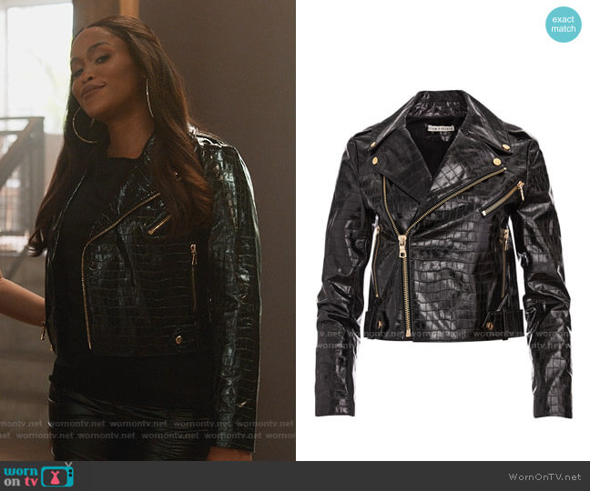 Alice + Olivia Cody Croc Leather Jacket worn by Brianna (Eve) on Queens