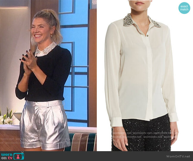 Alice + Olivia Saira Embellished Silk-Blend Blouse worn by Amanda Kloots on The Talk