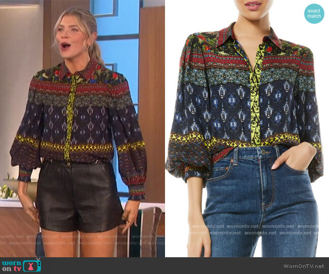 Alice + Olivia Willa Mix Print Silk Blouse worn by Amanda Kloots on The Talk