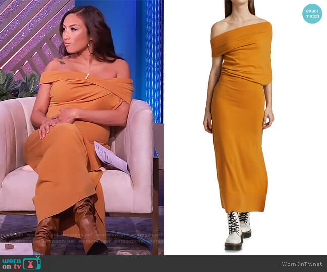 Altuzarra Kim Off-the-Shoulder Midi Dress worn by Jeannie Mai on The Real