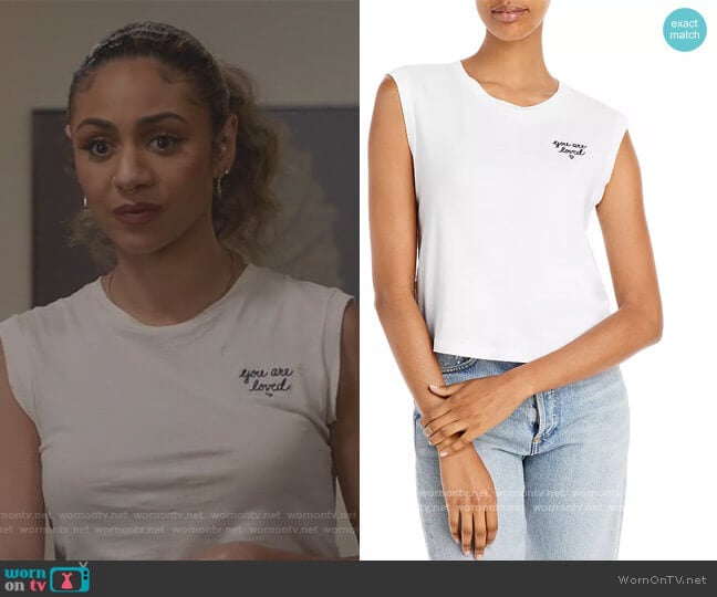 AMO Babe Embroidered Sleeveless Tee worn by Patience (Chelsea Tavares) on All American