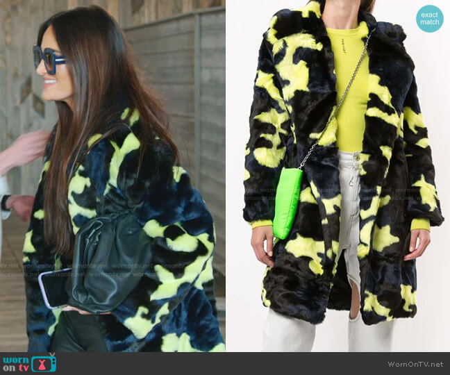 Apparis Jahaira Camouflage Faux-Fur Coat worn by Lisa Barlow on The Real Housewives of Salt Lake City
