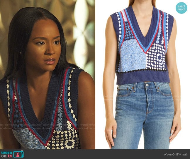 Baum und Pferdgarten Cicilla Mixed Stitch Crochet Vest worn by Lauren Dupont (Rhyon Nicole Brown) on Our Kind of People