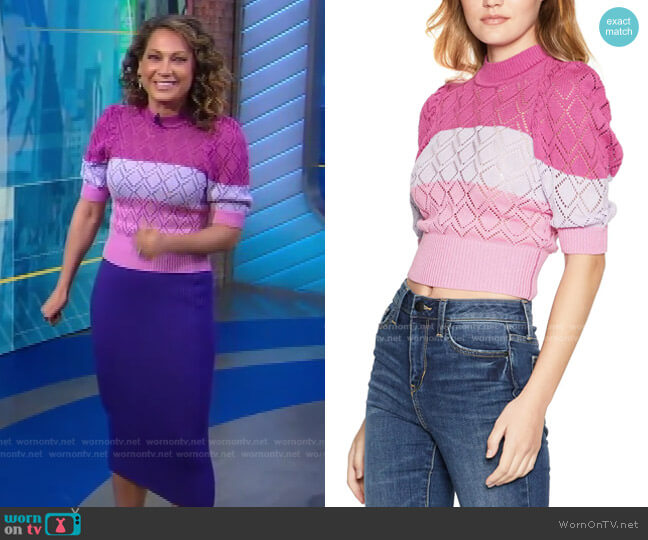 BCBGeneration Striped Puff-Sleeve Mock-Neck Sweater worn by Ginger Zee on Good Morning America
