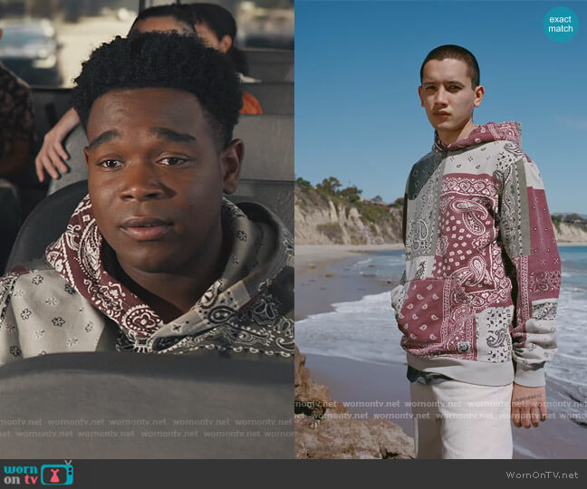BDG Washed Paisley Bandana Hoodie Sweatshirt worn by DeVante (Dexter Darden) on Saved By The Bell