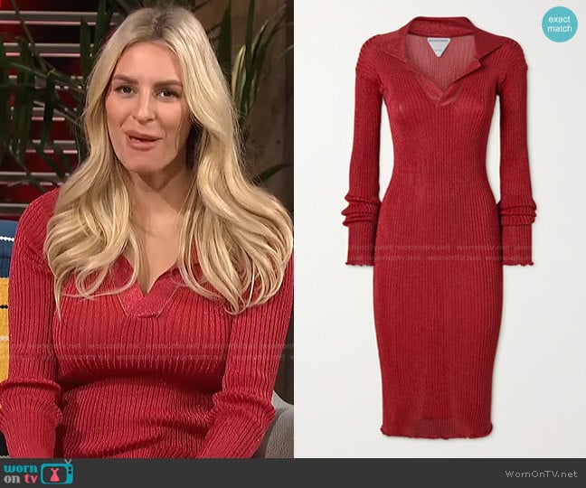 Bottega Veneta Metallic Ribbed-Knit Midi Dress worn by Morgan Stewart on E! News