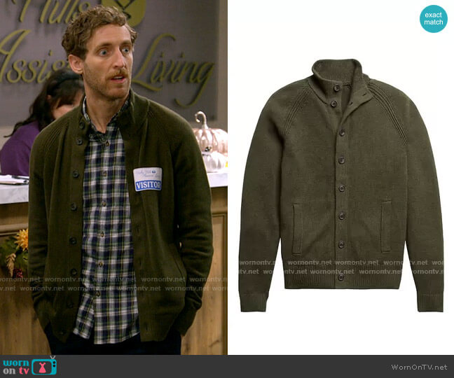 Banana Republic Cedar Olive Green Organic Cotton Sweater Jacket worn by Drew Dunbar (Thomas Middleditch) on B Positive