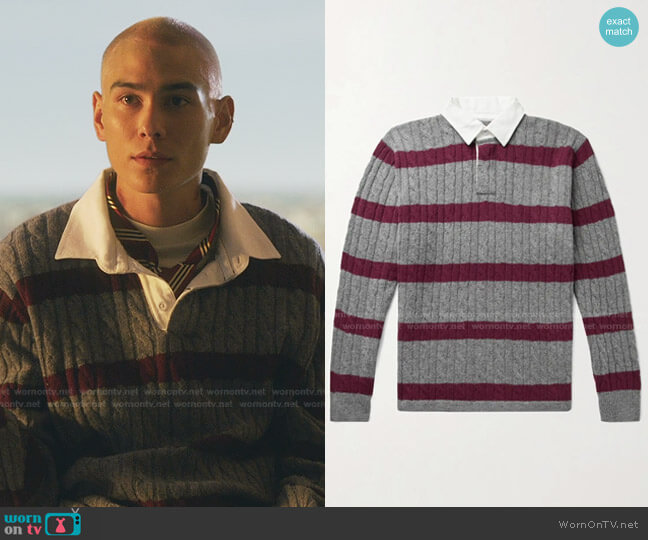 Beams Plus Twill-Trimmed Striped Cable-Knit Wool-Blend Sweater worn by  Akeno Menzies (Evan Mock) on Gossip Girl