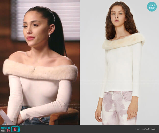 Blumarine Off-the-Shoulder Sweater with Faux Fur worn by Ariana Grande on The Voice