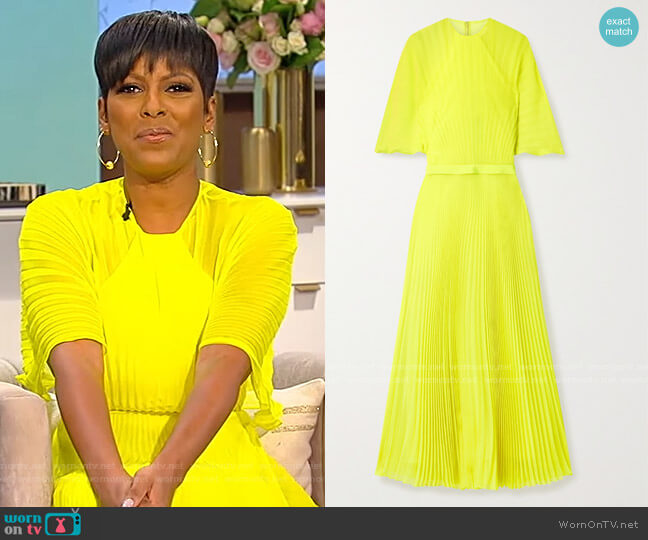 Brandon Maxwell Pleated neon silk-chiffon maxi dress worn by Tamron Hall on Tamron Hall Show