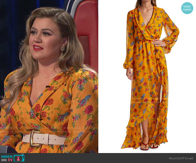 Caroline Constas Vivian Floral Ruffle High-Low Dress worn by Kelly Clarkson on The Voice