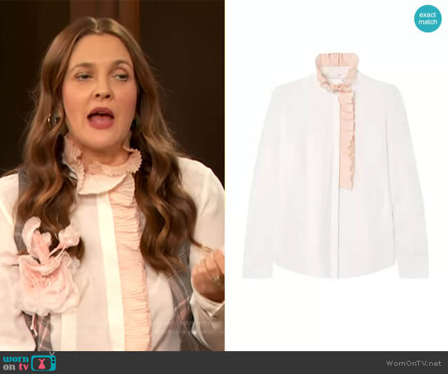 Chloe Ruffle-trimmed silk-georgette blouse worn by Drew Barrymore on The Drew Barrymore Show
