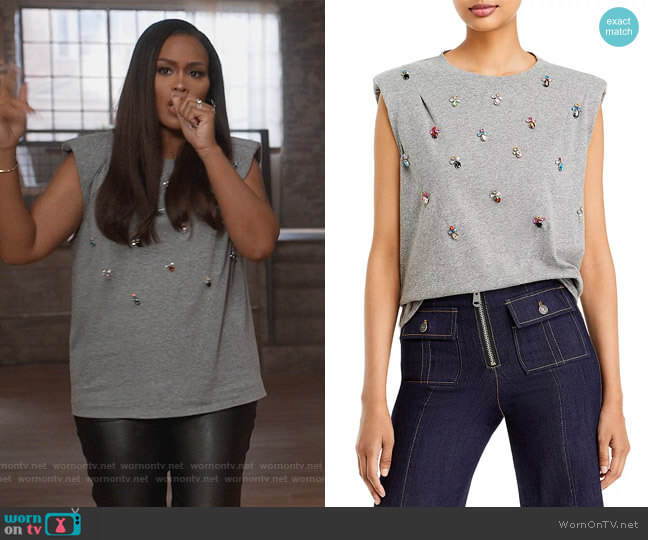 Cinq a Sept Reese Embellished Muscle Tee worn by Brianna (Eve) on Queens