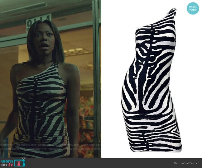 Patrick Kelly 1980s Zebra Black and White 1 Shoulder Vintage Dress worn by Molly Carter (Yvonne Orji) on Insecure