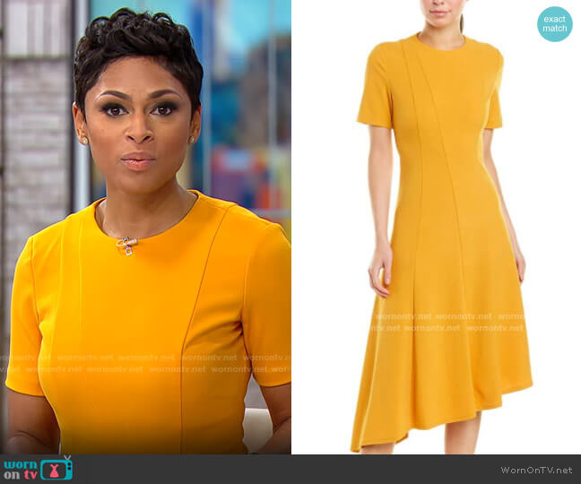 Donna Morgan Stretch Crepe Asymmetric Hem Dress in Butternut worn by Jericka Duncan on CBS Mornings