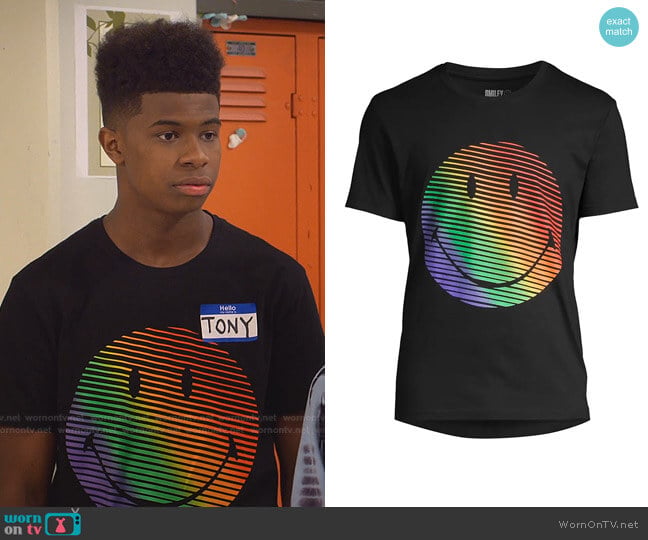 Eleven Paris Rainbow Happy Face Graphic T-Shirt worn by Munchy (Isaiah Crews) on Side Hustle