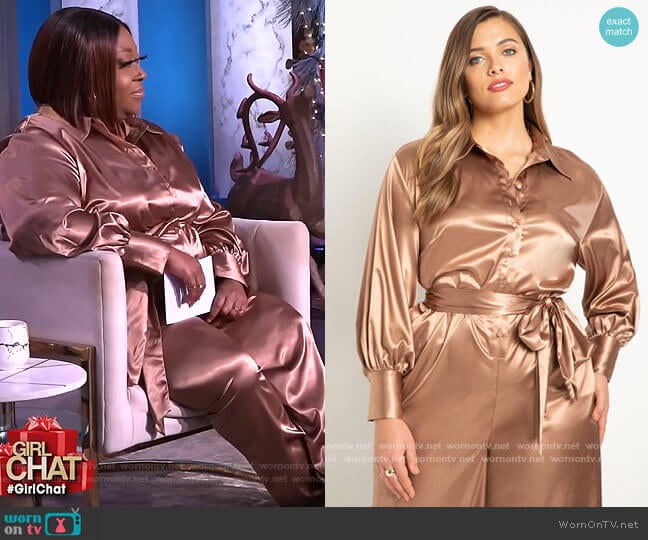 Eloquii Satin Wide Leg Button Front Jumpsuit worn by Loni Love on The Real
