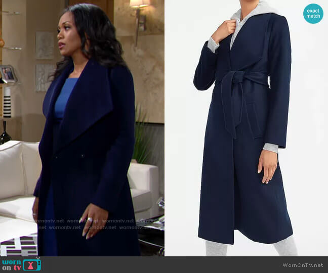 Express Wool-Blend Belted Shawl Collar Wrap Coat worn by Amanda Sinclair (Mishael Morgan) on The Young and the Restless