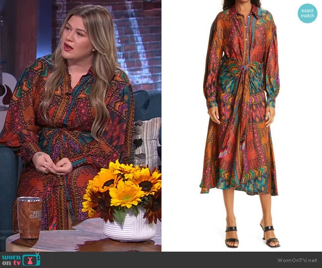 Farm Rio Balloon-Sleeve Stripes Midi Dress worn by Kelly Clarkson on The Kelly Clarkson Show